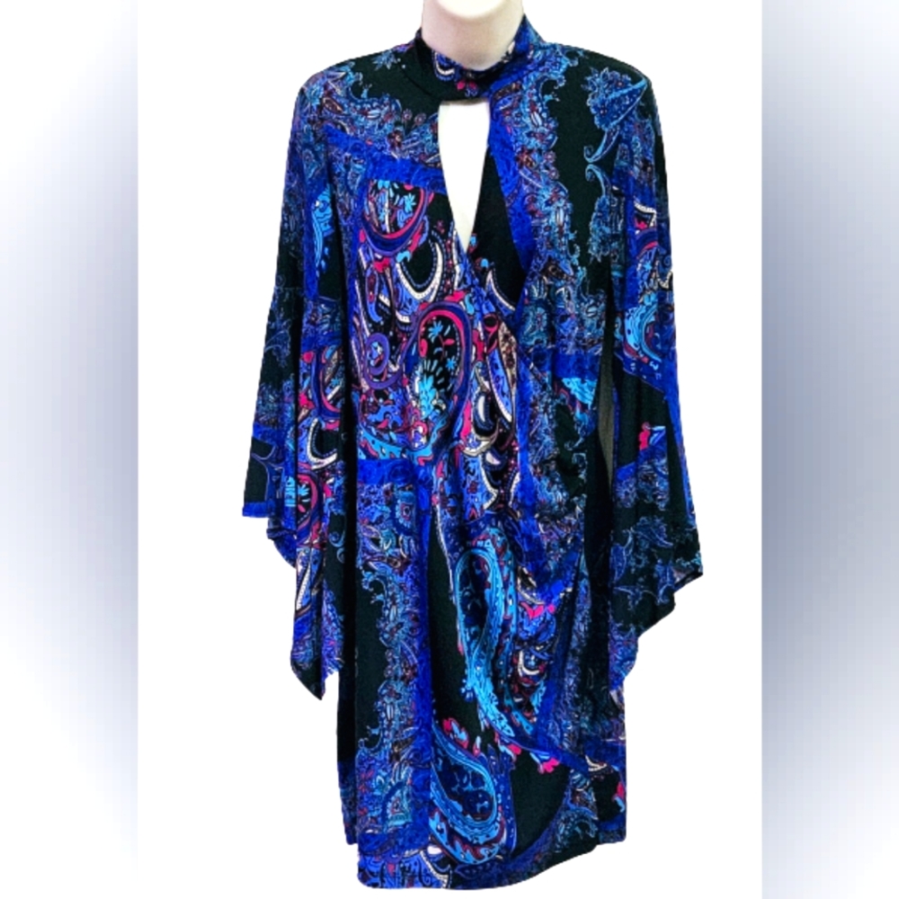 Venus Blue/Pink/Black Paisley Mockneck Faux Wrap Midi Dress,Large